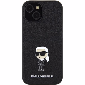 Karl Lagerfeld Fiksuotas blizgučių Ikonik logotipas metalinis kaištis dėklas iPhone 15 - juoda