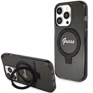 Guess dėklas telefonui su stovu Ring Stand Script Glitter magnetinis iPhone 15 Pro Max - juodas