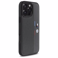 BMW M perforuota trispalvė linija iPhone 16 Pro dėklas - tamsiai pilkas