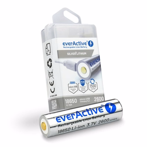 everActive 18650 3,7V Li-ion 2600 mAh baterija su micro USB įkrovimu ir apsauga, dėžutė