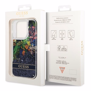 Guess Flower Liquid Glitter dėklas telefonui iPhone 14 Pro Max - mėlynas