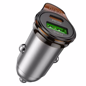 Automobilinis įkroviklis Hoco USB A + USB C QC3.0 PD 43W + kabelis USB C į USB C NZ16A metalinis pilkas