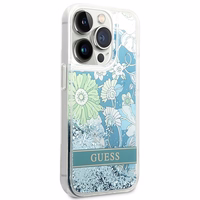 Guess Flower Liquid Glitter dėklas telefonui iPhone 14 Pro Max - žalias