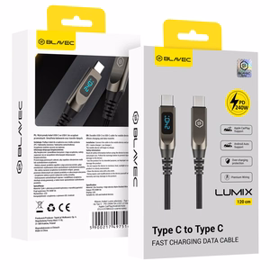 Blavec Laidas Lumix pintas - Typ C na Typ C - PD 240W 5A LED display 1,2 metra Apple CarPlay/Android Auto (CLU-CC5BG12) juodas-pilkas