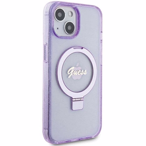 Guess dėklas telefonui su stovu Ring Stand Script Glitter magnetinis iPhone 15 Plus / 14 Plus - violetinis