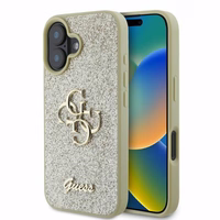 Guess Fixed Glitter Big 4G dėklas telefonui iPhone 16 - auksinis