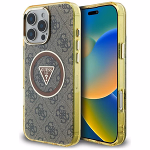 Чехол GUESS для iPhone 16 Pro совместимый с MagSafe GUHMP16LHG4PRTGW (IML Metal Glitter 4G Circle Triangle) коричневый
