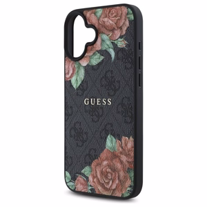 Guess GUHMP16SP4ROPEMCK iPhone 16 6.1" juodas/juodas kietas dėklas 4G Gėlių Raštas Magnetinis