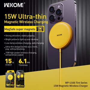WEKOME WP-U166 Tint Series Qi belaidis įkroviklis su integruotu USB-C laidu, suderinamas su MagSafe, 15 W, geltonas