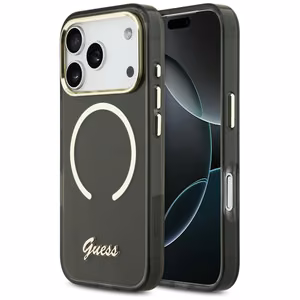 Guess IML Script Metal MagSafe Dėklas for iPhone 17 Pro Max - juodas