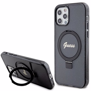 Guess Ring Stand Script Glitter Magnetinis dėklas telefonui iPhone 12/12 Pro - juodas
