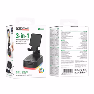 "Borofone" nešiojamasis "Bluetooth" garsiakalbis BR200 Marea 3 in 1 su laikikliu ir 1500 mAh maitinimo banku, juodas