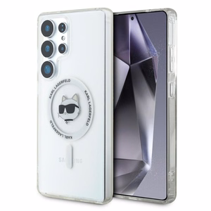 Karl Lagerfeld mygtukinis Choupette Head atspausdintas logotipas Magnētinis Samsung Galaxy S25 Ultra dėklas baltas