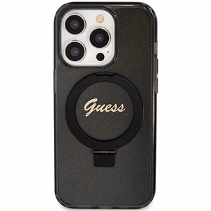 Guess dėklas telefonui su stovu Ring Stand Script Glitter magnetinis iPhone 15 Pro Max - juodas