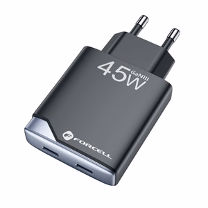 FORCELL F-ENERGY GaN III B245201(2C) itin plonas kelioninis įkroviklis 2 x Type C + USB A PD QC4.0 3A 45W juodas