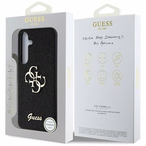 Guess Fixed Glitter Big 4G Metal Logo dėklas telefonui Samsung Galaxy S25 juodas