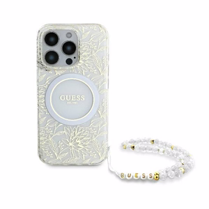 Guess IML Gėlės visur Electro su perline juostele Magnetinis dėklas telefonui iPhone 16 Pro - baltas