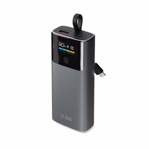 SBS 10000mAh PD 20W išorinė baterija su LCD ekranu ir įmontuotu USB-C kabeliu - pilka