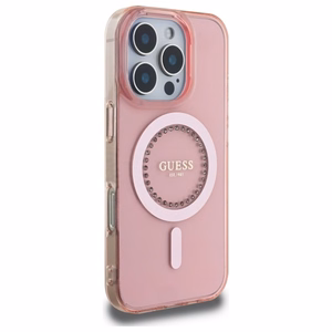 Guess IML Brangakmeniai Magnetinis dėklas telefonui iPhone 16 Pro - rožinis