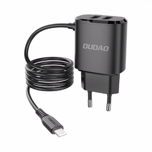 Įkroviklis Dudao A2ProL juodas (2xUSB) + integruotas Lightning laidas