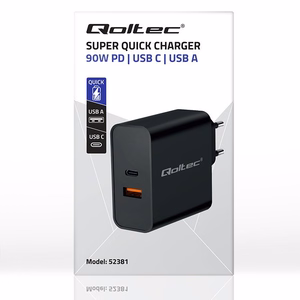 Qoltec 52381 Super Quick PD įkroviklis | 1xUSB-C | 1xUSB | 90W | 5-20V | 2.4-4.35A | juodas
