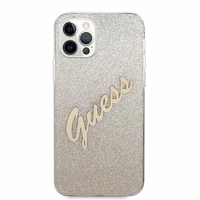 Guess GUHCP12LPCUGLSGO iPhone 12 Pro Max 6.7" auksinis kietasis dėklas Glitter Gradient Script
