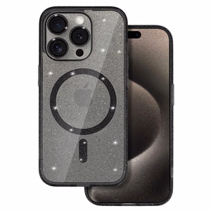 Blizgantis magnetinis dėklas telefonui Iphone 16e juodas permatomas