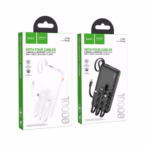Išorinė baterija Hoco 10000 mAh 2A su keturiais integruotais laidais USB A + USB C + Lightning + Micro USB J146 juoda