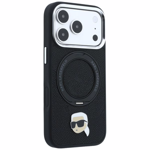 Juodas MagSafe dėklas Karl Lagerfeld su 360° žiediniu stovu ir Karlo galvos emblema, skirtas iPhone 18 Pro Max / 17 Pro Max