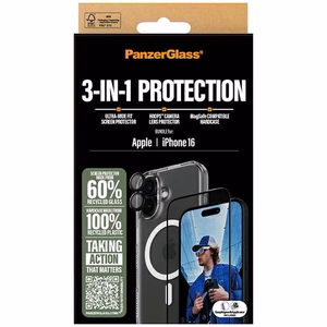 PanzerGlass Rinkinys 3in1 iPhone 16 6.1 D3O kietasis dėklas + Apsauginis stiklas UWF+ Objektyvo apsauga B1291+2861+1283