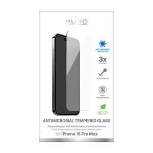 Puro Anti-Bacterial grūdintas apsauginis ekrano stiklas, skirtas iPhone 15 Pro Max, su antimikrobine apsauga