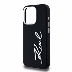 Karl Lagerfeld silikoninis metalinis scenarijaus logotipas dėklas telefonui iPhone 15 Pro Max - juodas