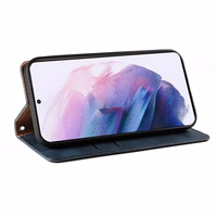 Magnetinis dėklas telefonui Samsung Galaxy S22+ (S22 Plus) su dirželiu, pinigine ir mažu pakabuku - mėlynas