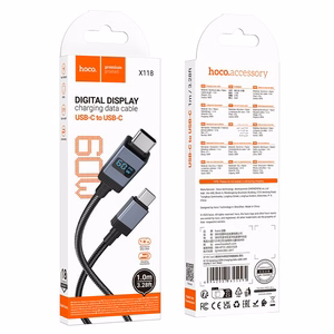 Kabelis USB C į USB C Hoco 3A 60W su ekranu 1 m X118 juodas