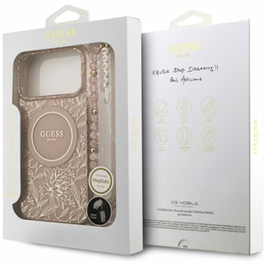 Guess IML Flowers Electro Pearl Strap MagSafe dėklas telefonui iPhone 17 Pro Max - rožinis