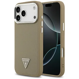 Guess Grained Triangle Logo Magnetinis dėklas telefonui iPhone 17 Pro rudas