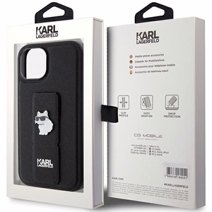 Karl Lagerfeld Gripstand Saffiano Choupette Pins dėklas telefonui iPhone 15 Plus / 14 Plus - juodas