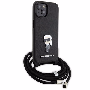 Karl Lagerfeld kryžminis Saffiano monograma metalinis ženkliukas Karl & Choupette dėklas telefonui iPhone 15 - juodas