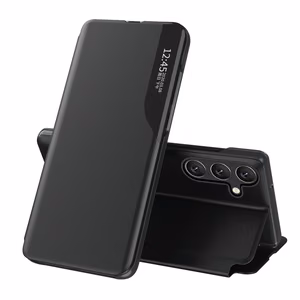 Ekologiškos odos dėklas Samsung Galaxy S24 FE su atverčiamu dangteliu ir stovu - juodas