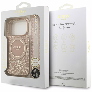 Guess IML Flowers Electro Pearl Strap MagSafe dėklas telefonui iPhone 17 Pro - rožinis