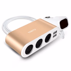 Automobilio cigarečių degiklio lizdo daliklis B08 - 3 lizdai + 2xUSB - 3,1A 120W su ekranu ir laidu auksinis