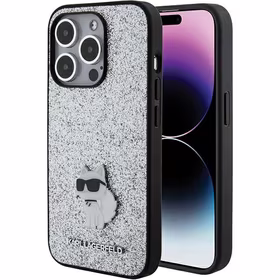 Karl Lagerfeld Fixed Glitter Choupette Logo Metal Pin Dėklas telefonui iPhone 15 Pro Max - sidabrinis