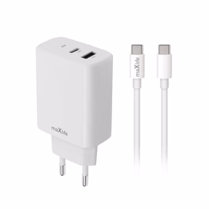 "Maxlife MXTC-10-20AC PD QC įkroviklis 1x USB-C 1x USB 20W baltas + USB-C - USB-C kabelis 20W