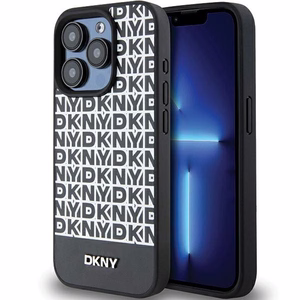 DKNY Odinis spausdintas raštas metalinis logotipas Magnetinis dėklas iPhone 15 Pro - juoda