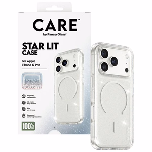 CARE by PanzerGlass Flagship Urban Explorer dėklas telefonui su baltu magnetiniu MagSafe, skirtas iPhone 17 Pro – skaidrus su blizgučiais