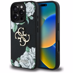 Guess Grained Roses Big 4G logo dėklas telefonui iPhone 16 Pro Max - juodas
