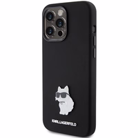 Karl Lagerfeld silikoninis Choupette Metal Pin dėklas telefonui iPhone 15 Pro Max - juodas