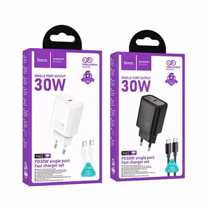 Įkroviklis telefonui Hoco USB C QC PD 30W + kabelis USB C į USB C N62 juodas