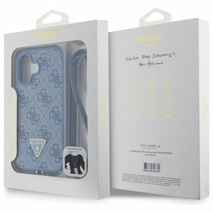 Guess Odinis Crossbody dėklas telefonui iPhone 16 su metaliniu logotipu ir Strass - mėlynas