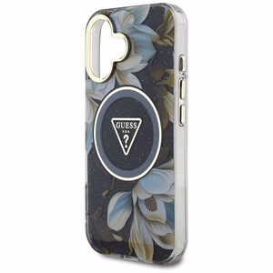 Guess Glitter Flowers Triangle Buttons Magnetinis dėklas telefonui iPhone 16 - juodas